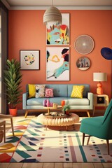 A modern retro-style living room with a vibrant color palette and bold geometric patterns, creating a dynamic and visually striking interior. Generative AI