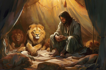 Obraz na płótnie Canvas Daniel and the Lion's Den Bible illustration, generated ai, generated, ai