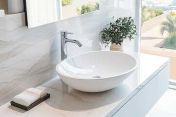 Fototapeta na wymiar Stylish white sink in modern bathroom interior. Open space bright modern clean bathroom. Generative AI