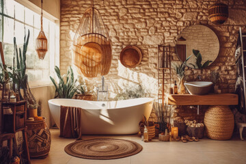 Boho bohemian style bathroom interior. Bright nature inspired clean new bathroom. Generative AI