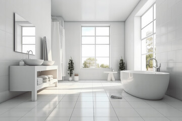 Naklejka na ściany i meble Modern minimal style white bathroom 3d rendering image. Open space bright modern bathroom with big window and nature view. Generative AI