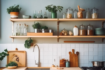 Fototapeta na wymiar Modern stylish scandinavian style kitchen interior with appliances. Generative AI