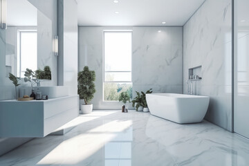 Fototapeta na wymiar Modern minimal style white bathroom 3d rendering image. Open space bright modern bathroom with big window and nature view. Generative AI