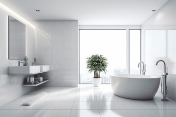 Fototapeta na wymiar Modern minimal style white bathroom 3d rendering image. Open space bright modern bathroom with big window and nature view. Generative AI
