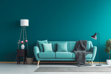 Teal painted living room. Empty wall in background. Modern minimalistic teal living room with couch and house plant. Generative AI