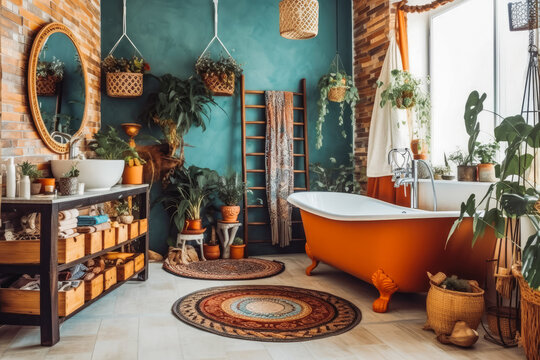 Boho bohemian style bathroom interior. Bright nature inspired clean new bathroom. Generative AI