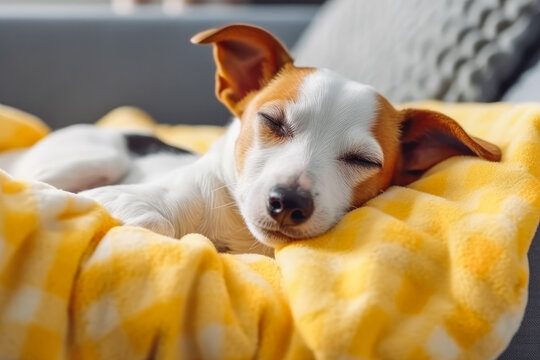 Cute sleepy Jack Russel terrier puppy with big ears resting on yellow pillow in bed. Generative AI