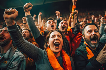 Crowd of sports fans cheering during match in stadium. Big group of people enjoying sports event together. Generative AI - obrazy, fototapety, plakaty