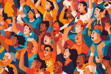Sport stadium soccer match diverse crowd of fans cheering. Big group of people enjoying sports event together. Generative AI