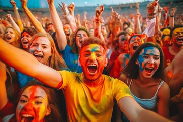 Obraz premium Sport stadium soccer match diverse crowd of fans cheering. Big group of people enjoying sports event together. Generative AI