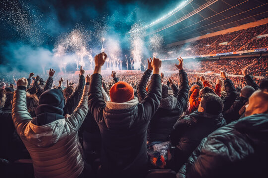 Crowd of sports fans cheering during match in stadium. Big group of people enjoying sports event together. Generative AI