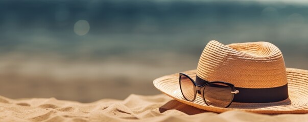 hat and sunglasses on the beach, vacation concept, generative ai - obrazy, fototapety, plakaty