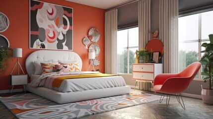 A stylish retro-themed bedroom with a modern twist, featuring sleek furniture, clean lines, and retro-inspired patterns and accents. Generative AI