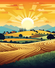 Fototapeta premium Art Summer landscape field illustration