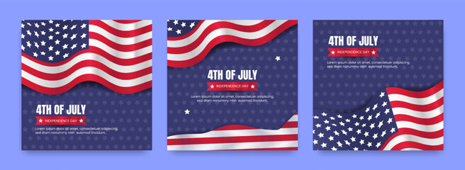 Set of independence day celebration templates. July 4th post. Waving American national flag on blue background