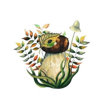 watercolor mushroom surrounded by leaves clip art preview