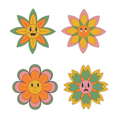 Groovy flower retro cartoon characters. Funny happy daisy with eyes and smile.Isolated vector illustration. Hippie 60s, 70s style.flower retro decoration