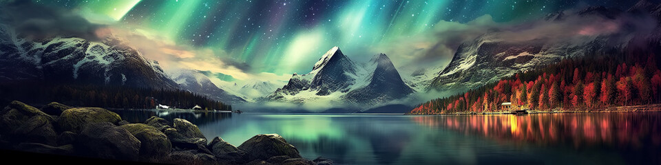 panorama with night starry sky with northern lights and stars above lake water on background of mountains. Generative AI illustration
