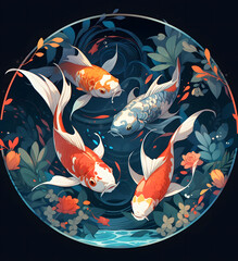 A piece of artwork featuring three fish and some leaves, created in the style of circular shapes with vibrant animations and a strip painting technique. It predominantly uses deep cyan and white color