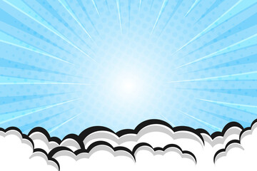 Blue sunburst pop art comic background with clouds