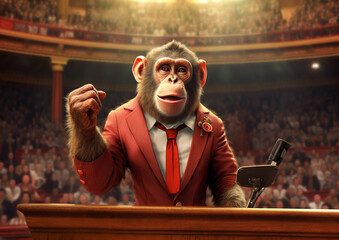 monkey politician gives a speech at an election campaign in America, generative ai