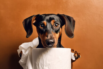 Close up of a dog playing with toilet paper on a copyspace background.