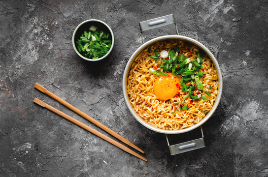 Korean Style Instant Noodles, Shin Ramyeon or Ramyun with Egg, Scallion and Broth, Noodle Soup