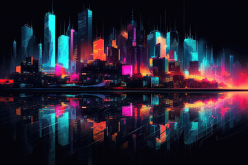 Obraz premium Abstract Neon Cityscape With Mirrored Reflections. Generative AI