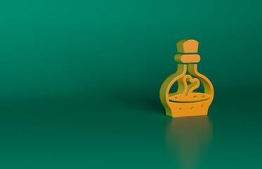 Orange Bottle with potion icon isolated on green background. Flask with magic potion. Happy Halloween party. Minimalism concept. 3D render illustration