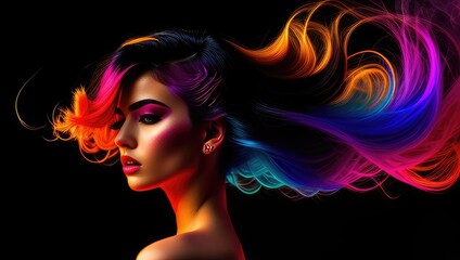 Fototapeta na wymiar Beauty digital art portrait of color haired young woman with makeup and long hair in neon colors. Closeup portrait banner on black background. Generative AI