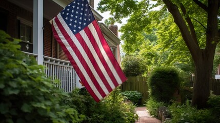 generative ai, usa flag hanging on house facade, united states idenpentia day