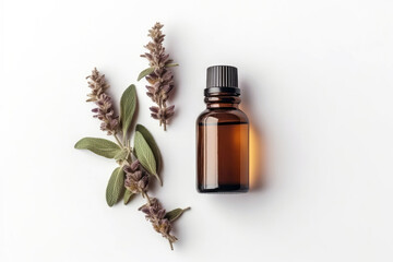 Clary Sage Essential Oil In Small Brown Bottle Next To Clary Sage On White Background, Top View. Generative AI - obrazy, fototapety, plakaty