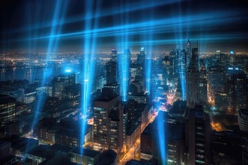 Fototapeta na wymiar Electric Blue Beams Of Light Piercing Through City. Generative AI