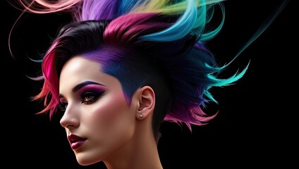 Digital art of color haired young woman with makeup and long hair in neon colors. Closeup portrait banner on black background. Generative AI