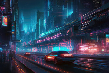 Fototapeta premium Futuristic Cityscape With Neonlit Transport Systems In Motion. Generative AI