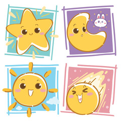 set of star cute, star, sun, moon, shooting star, rabbit