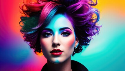 Fototapeta premium Beauty digital art portrait of color haired young woman with makeup and long hair in neon colors. Closeup portrait banner on black background. Generative AI
