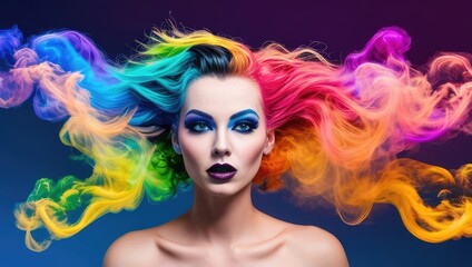 Obraz premium Modern digital art portrait of color haired young woman with makeup and long hair in neon colors. Closeup portrait banner on black background. Generative AI