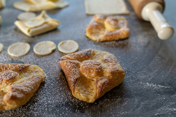 Baked and unbaked puff pastry. Baking preparation