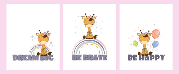 cute cartoon giraffe sitting on the big quote letters . Cartoon doodle animal characters collection. Cute baby giraffe vector poster set. Cheerful giraffe for baby showers celebration