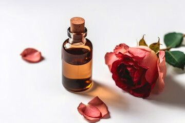 Rose Essential Oil In Small Brown Bottle Next To Rose On White Background, Top View. Generative AI