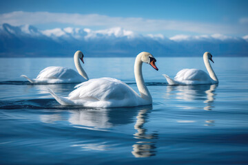 Serene Swans Gracefully Gliding Across Tranquil Blue Pool. Generative AI