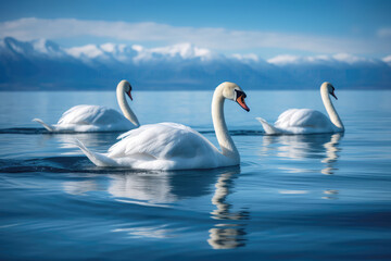 Obraz premium Serene Swans Gracefully Gliding Across Tranquil Blue Pool. Generative AI