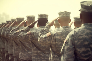 Image of soldiers they are standing in line - obrazy, fototapety, plakaty