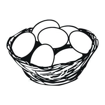 recommend clip art: eggs in a wicker basket, black and white illustration