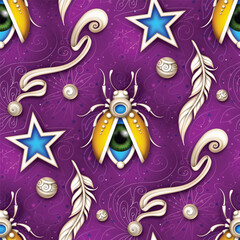 Seamless Colorful Pattern with Mystical Flying Beetle with Eye on the Abdomen, Feathes, Beads and Stars. Aesthetic Surreal Design. Futuristic Concept. Textured Background. Vector 3d Illustration