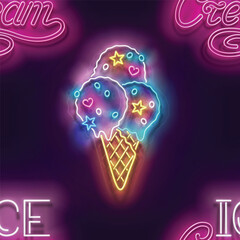 Seamless pattern with glow Ice Cream Balls in Cone, Candies and Inscription. Sweet Dessert Concept. Neon Light Texture, Signboard. Glossy Background. Vector 3d Illustration
