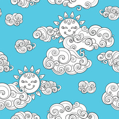 Fairytale Weather Forecast Seamless Pattern. Endless Texture with Cloudly Day. Noncolored Fantasy Cartoon Design on Turquoise Blue Background. Vector Contour Illustration Abstract Art