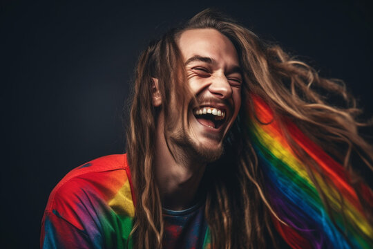 Portrait of a smiling Hispanic gay man with long hair and beard and rainbow clothing. Gay pride parade. High quality photo Generative AI
