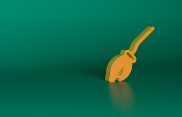 Orange Witches broom icon isolated on green background. Happy Halloween party. Minimalism concept. 3D render illustration